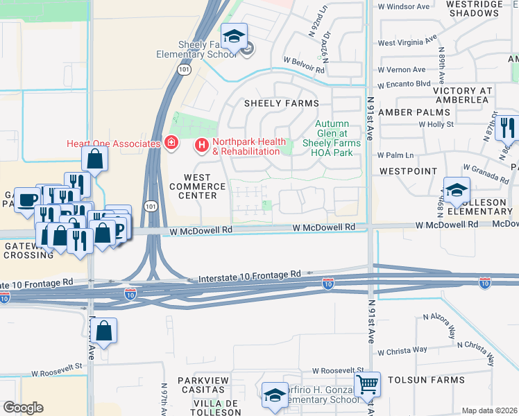 map of restaurants, bars, coffee shops, grocery stores, and more near 1789 North 94th Avenue in Phoenix