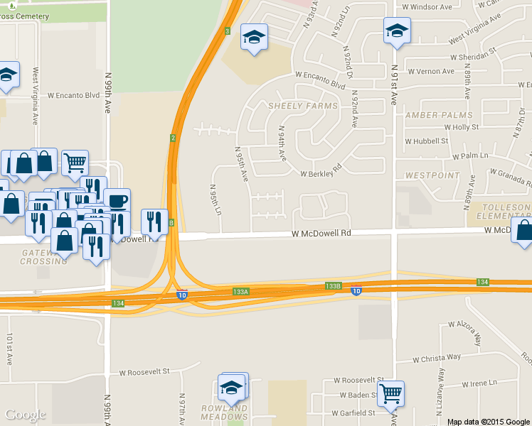 map of restaurants, bars, coffee shops, grocery stores, and more near 9421 West Terri Lee Drive in Phoenix