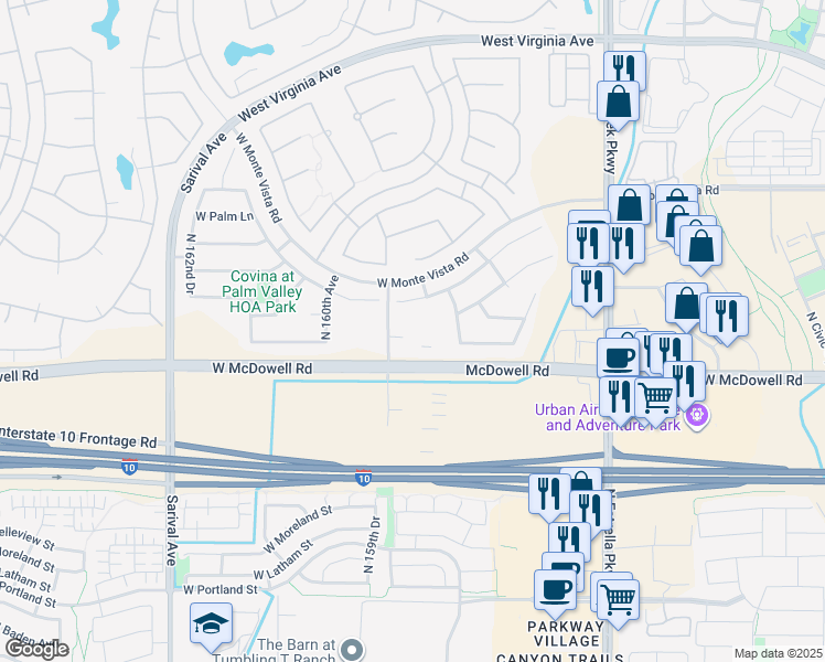 map of restaurants, bars, coffee shops, grocery stores, and more near 15849 West Berkeley Road in Goodyear
