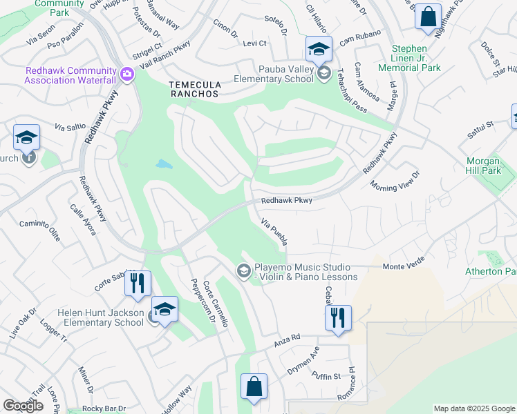map of restaurants, bars, coffee shops, grocery stores, and more near 31870 Redhawk Parkway in Temecula