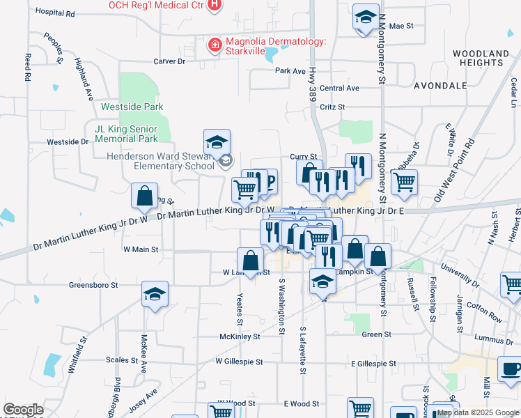 map of restaurants, bars, coffee shops, grocery stores, and more near 115 Doctor Martin Luther King Junior Drive West in Starkville