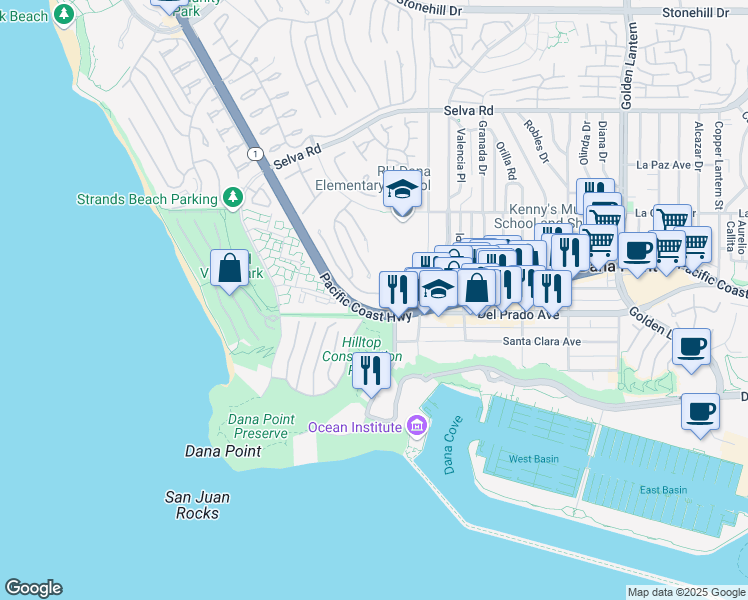 map of restaurants, bars, coffee shops, grocery stores, and more near 75 Palm Beach Court in Dana Point