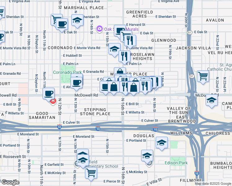 map of restaurants, bars, coffee shops, grocery stores, and more near 1529 East Almeria Road in Phoenix