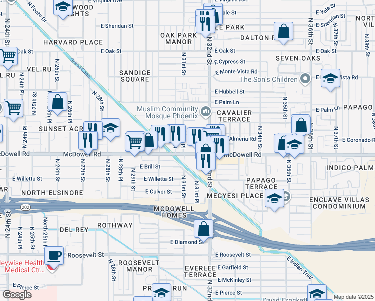 map of restaurants, bars, coffee shops, grocery stores, and more near 1611 North 31st Street in Phoenix