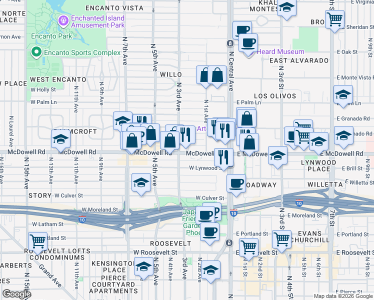 map of restaurants, bars, coffee shops, grocery stores, and more near 119 West Almeria Road in Phoenix