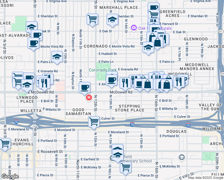 map of restaurants, bars, coffee shops, grocery stores, and more near 1241 East Almeria Road in Phoenix