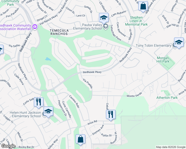 map of restaurants, bars, coffee shops, grocery stores, and more near 32986 Anasazi Drive in Temecula