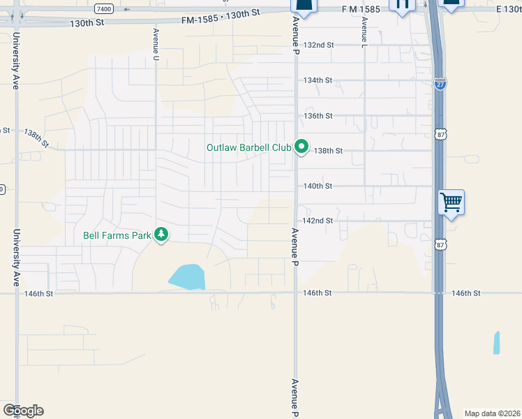 map of restaurants, bars, coffee shops, grocery stores, and more near 14013 C R 2300 in Lubbock