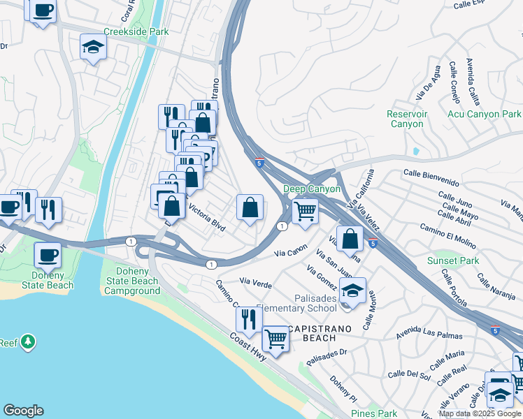 map of restaurants, bars, coffee shops, grocery stores, and more near 34264 Camino Capistrano in Dana Point
