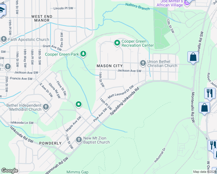 map of restaurants, bars, coffee shops, grocery stores, and more near 1529 Francis Avenue Southwest in Birmingham