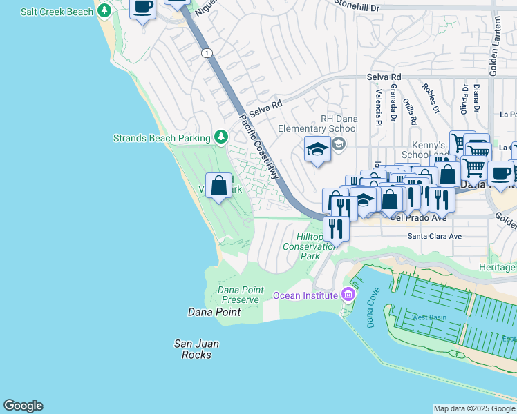 map of restaurants, bars, coffee shops, grocery stores, and more near 34132 Selva Road in Dana Point