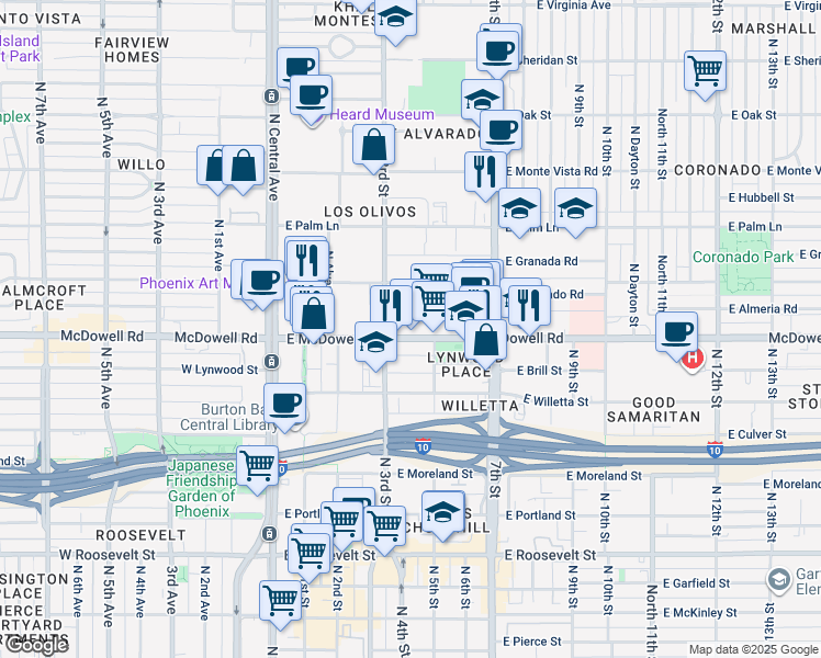 map of restaurants, bars, coffee shops, grocery stores, and more near 326 East McDowell Road in Phoenix