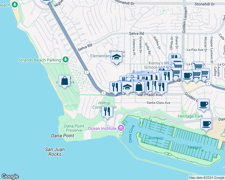 map of restaurants, bars, coffee shops, grocery stores, and more near 85 Palm Beach Court in Dana Point