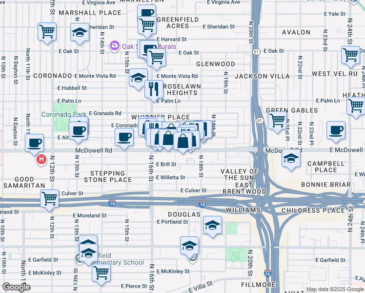 map of restaurants, bars, coffee shops, grocery stores, and more near 1645 East Almeria Road in Phoenix