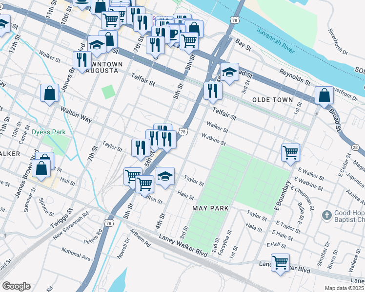 map of restaurants, bars, coffee shops, grocery stores, and more near 401 Walton Way in Augusta