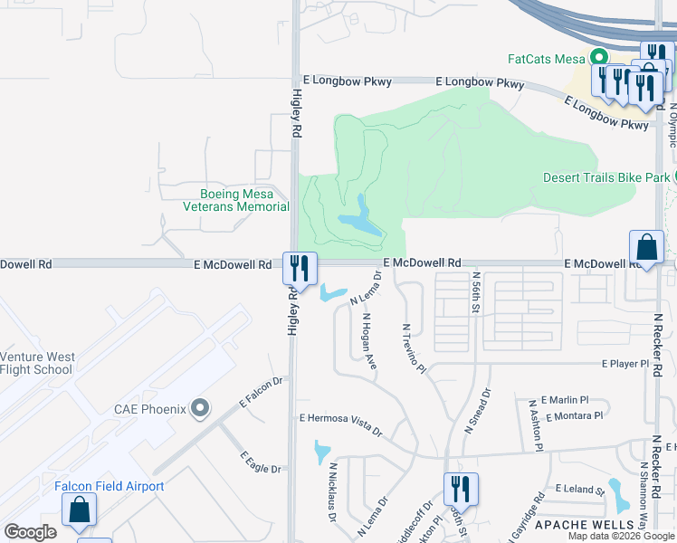 map of restaurants, bars, coffee shops, grocery stores, and more near 5245 East McDowell Road in Mesa