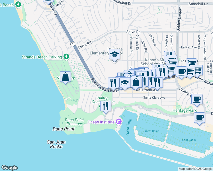 map of restaurants, bars, coffee shops, grocery stores, and more near 75 Palm Beach Court in Dana Point