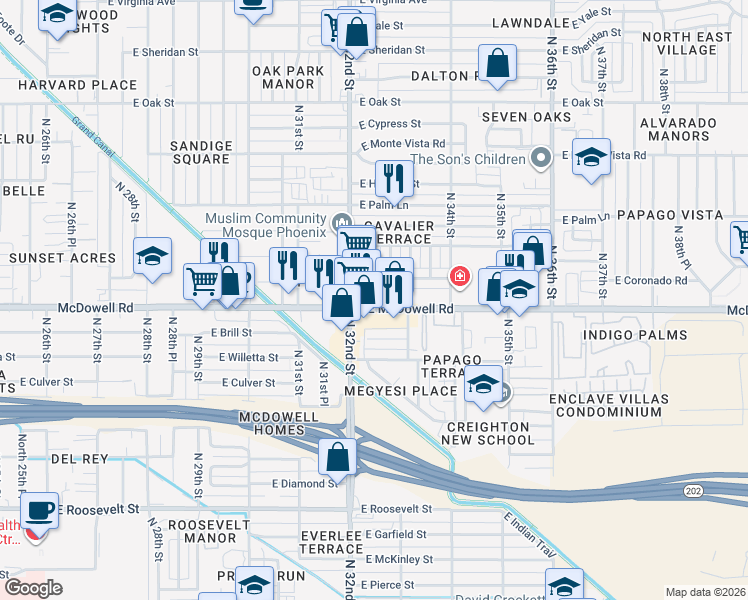 map of restaurants, bars, coffee shops, grocery stores, and more near in Phoenix