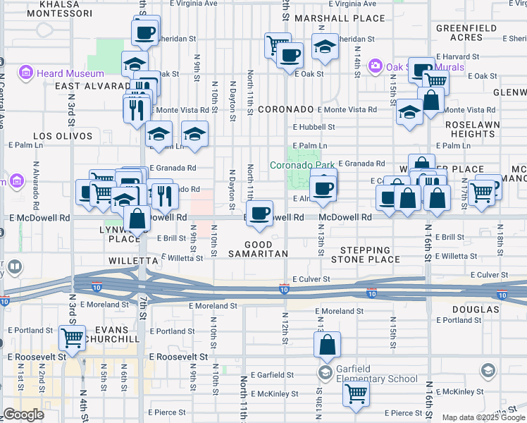 map of restaurants, bars, coffee shops, grocery stores, and more near 1137 East Almeria Road in Phoenix