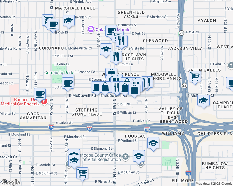 map of restaurants, bars, coffee shops, grocery stores, and more near 1602 East McDowell Road in Phoenix