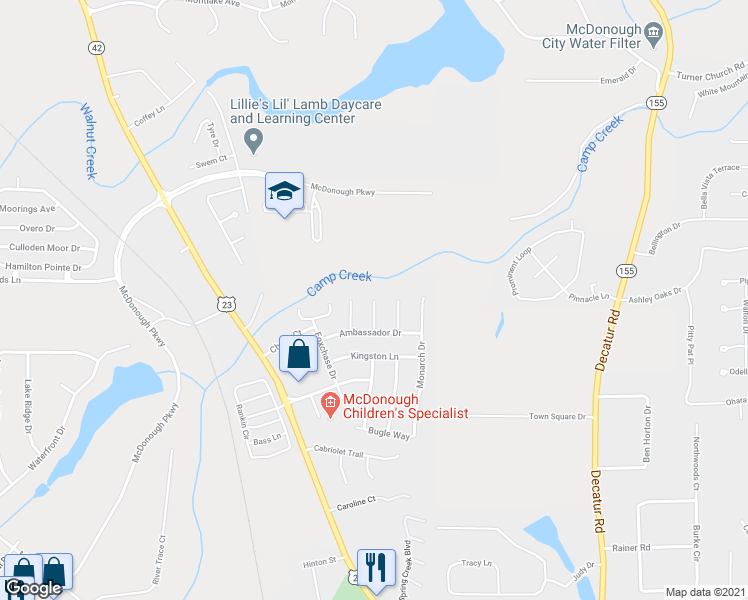 map of restaurants, bars, coffee shops, grocery stores, and more near 3051 Century Lane in McDonough