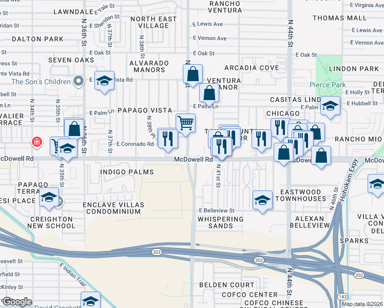 map of restaurants, bars, coffee shops, grocery stores, and more near 1625 North 40th Street in Phoenix