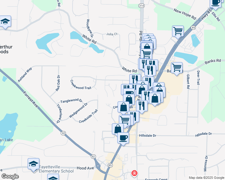 map of restaurants, bars, coffee shops, grocery stores, and more near 150 Glengary Court in Fayetteville