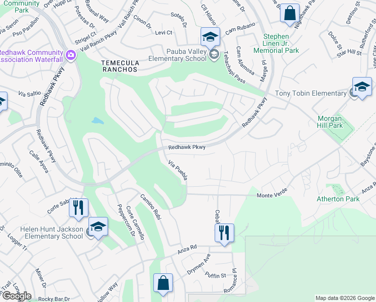 map of restaurants, bars, coffee shops, grocery stores, and more near 32986 Anasazi Drive in Temecula