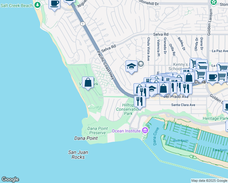 map of restaurants, bars, coffee shops, grocery stores, and more near 34134 Selva Road in Dana Point