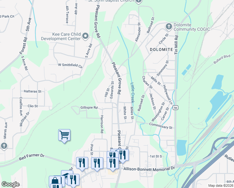 map of restaurants, bars, coffee shops, grocery stores, and more near 1590 Pleasant Grove Road in Birmingham