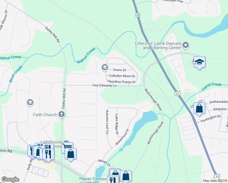 map of restaurants, bars, coffee shops, grocery stores, and more near 285 Ivey Edwards Lane in McDonough