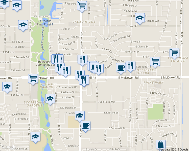 map of restaurants, bars, coffee shops, grocery stores, and more near 8040 East McDowell Road in Scottsdale