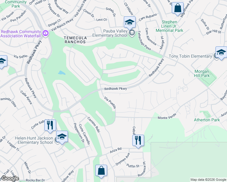 map of restaurants, bars, coffee shops, grocery stores, and more near 32974 Anasazi Drive in Temecula