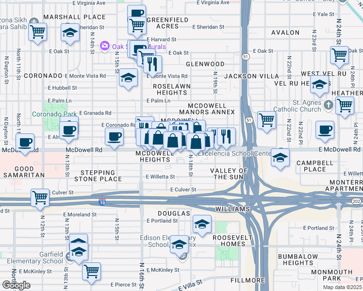 map of restaurants, bars, coffee shops, grocery stores, and more near 1735 East Almeria Road in Phoenix