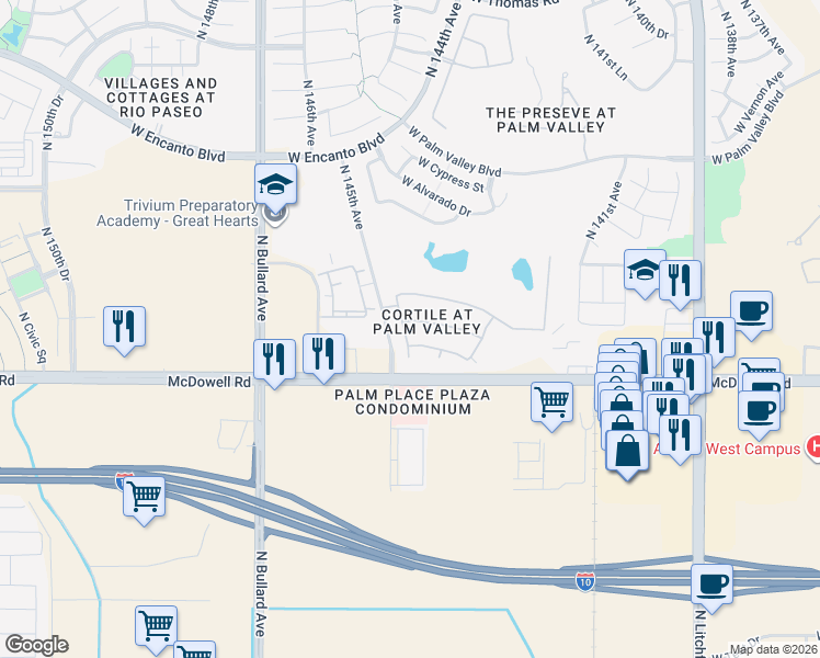 map of restaurants, bars, coffee shops, grocery stores, and more near 14480 West Desert Flower Drive in Goodyear