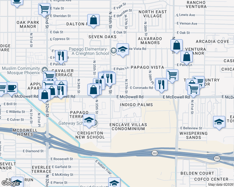 map of restaurants, bars, coffee shops, grocery stores, and more near 1615 North 36th Street in Phoenix