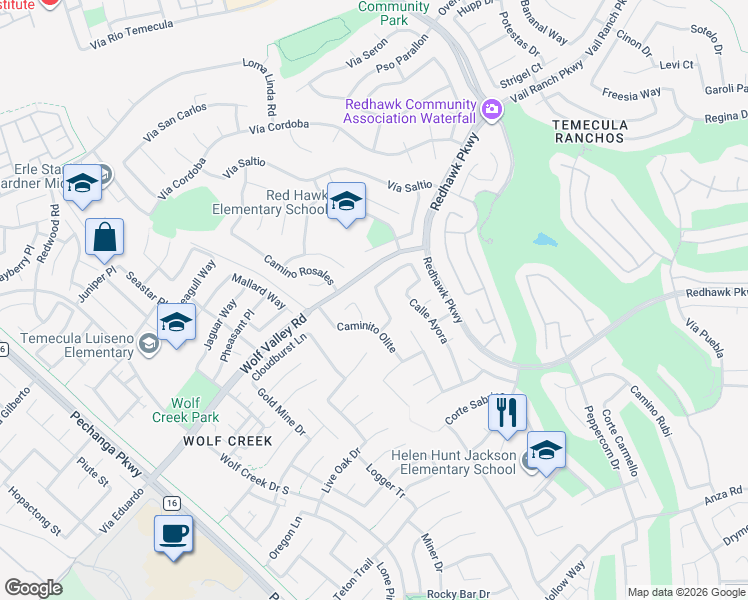 map of restaurants, bars, coffee shops, grocery stores, and more near 32175 Caminito Osuna in Temecula