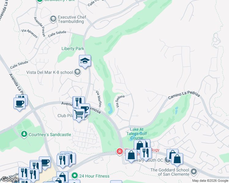 map of restaurants, bars, coffee shops, grocery stores, and more near 325 Via Promesa in San Clemente