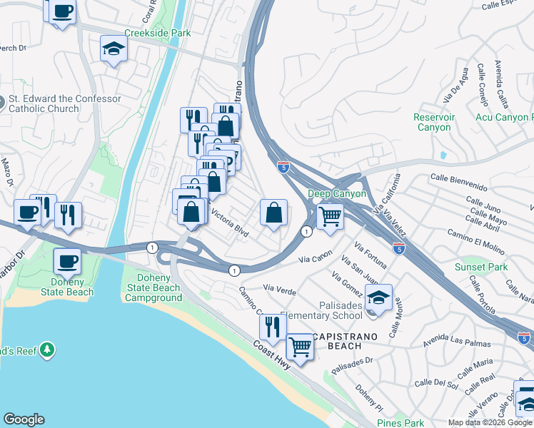 map of restaurants, bars, coffee shops, grocery stores, and more near 34192 Camino Capistrano in Dana Point