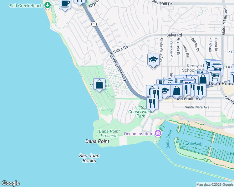 map of restaurants, bars, coffee shops, grocery stores, and more near 34130 Selva Road in Dana Point