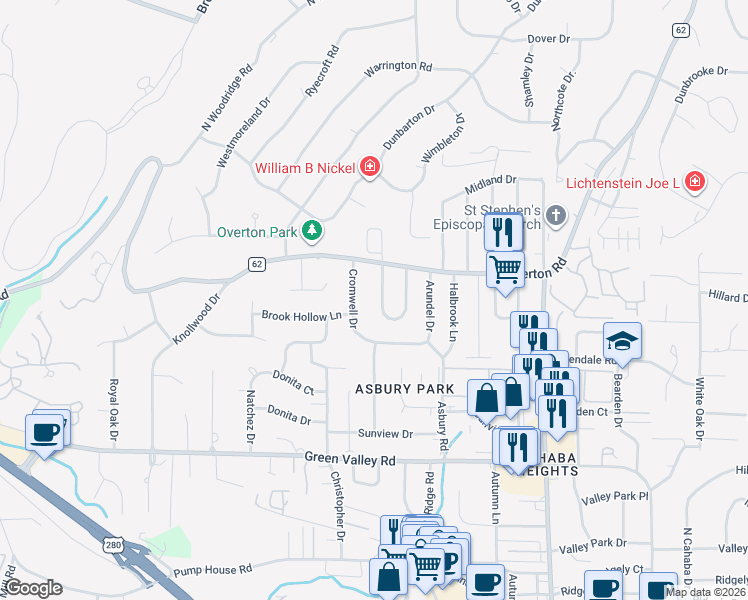 map of restaurants, bars, coffee shops, grocery stores, and more near 3813 Cromwell Drive in Birmingham