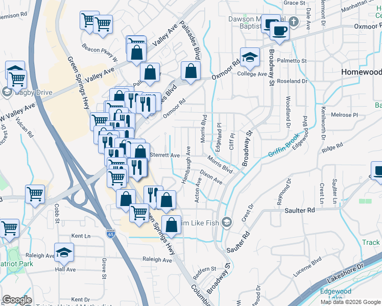 map of restaurants, bars, coffee shops, grocery stores, and more near 418 Hambaugh Avenue in Birmingham