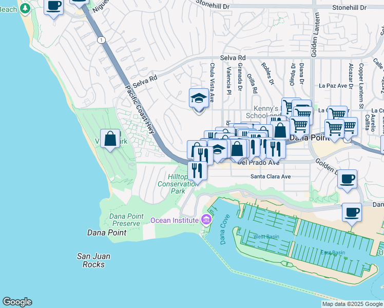 map of restaurants, bars, coffee shops, grocery stores, and more near 85 Palm Beach Court in Dana Point