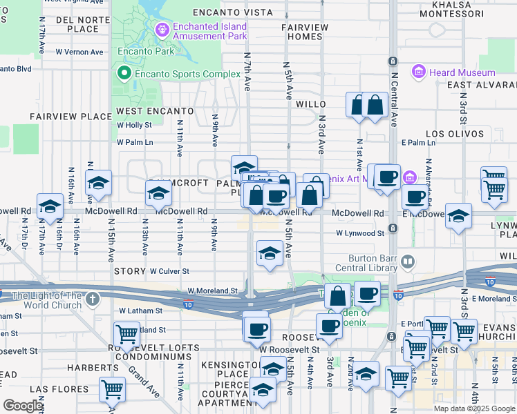 map of restaurants, bars, coffee shops, grocery stores, and more near 521 West Almeria Road in Phoenix