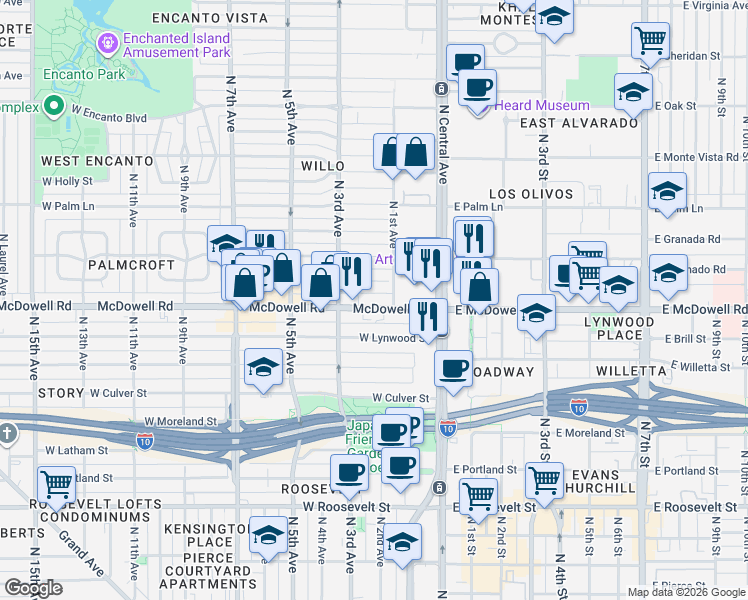 map of restaurants, bars, coffee shops, grocery stores, and more near 119 West Almeria Road in Phoenix