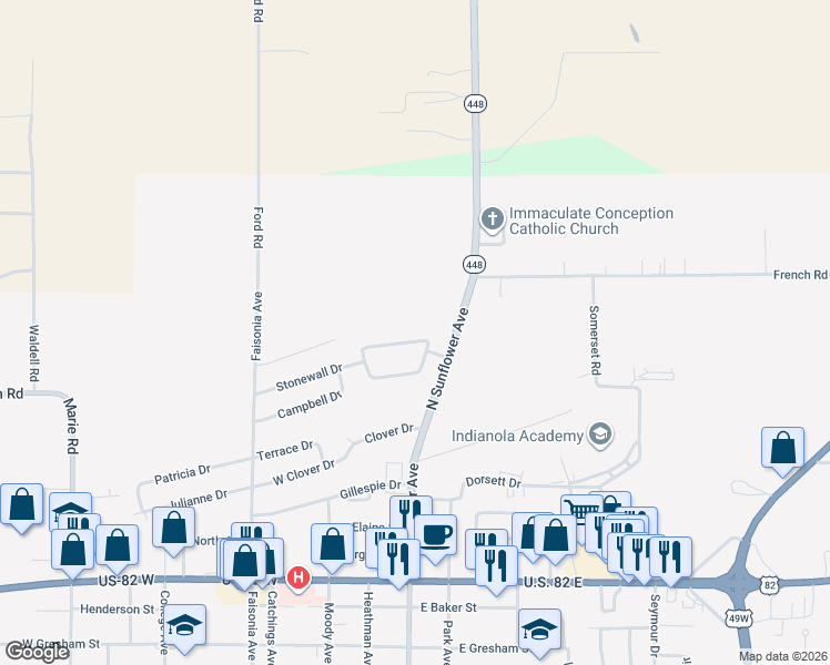 map of restaurants, bars, coffee shops, grocery stores, and more near 317 North Mcarthur Circle in Indianola
