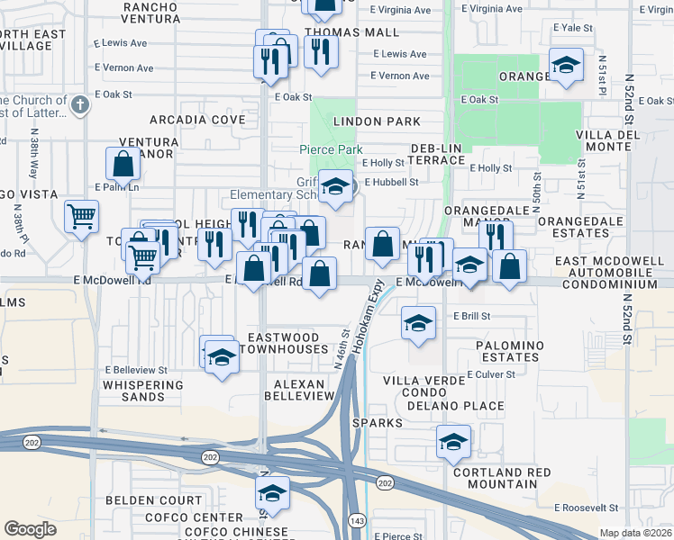 map of restaurants, bars, coffee shops, grocery stores, and more near 4530 East McDowell Road in Phoenix