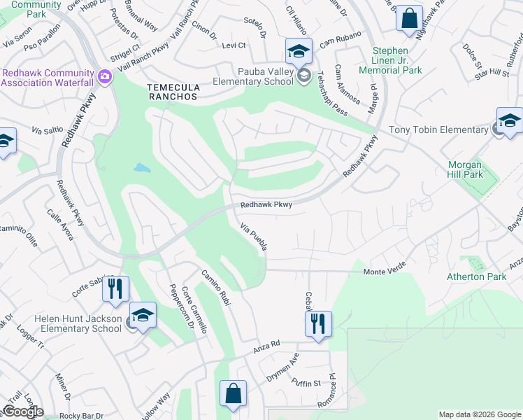 map of restaurants, bars, coffee shops, grocery stores, and more near 32974 Anasazi Drive in Temecula