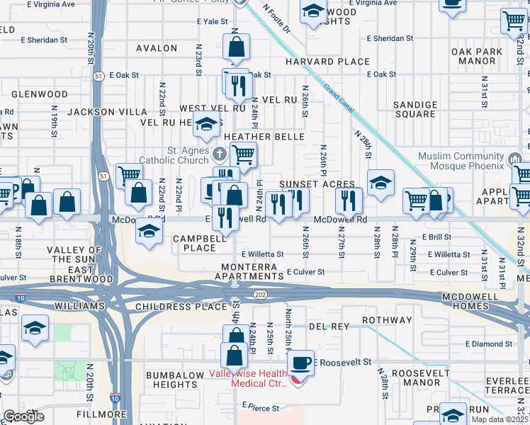map of restaurants, bars, coffee shops, grocery stores, and more near 2424 East McDowell Road in Phoenix