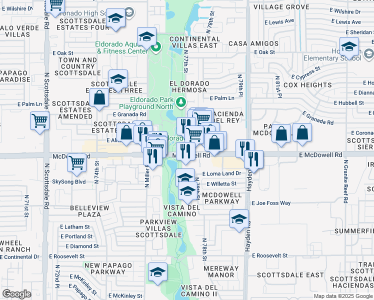 map of restaurants, bars, coffee shops, grocery stores, and more near 7730 East McDowell Road in Scottsdale